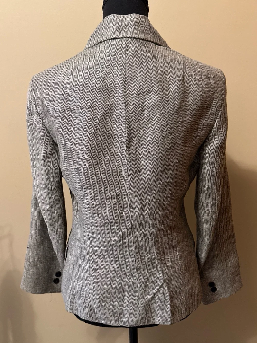 Donna Karan Gray Double-Breasted 100% Linen Herringbone Blazer